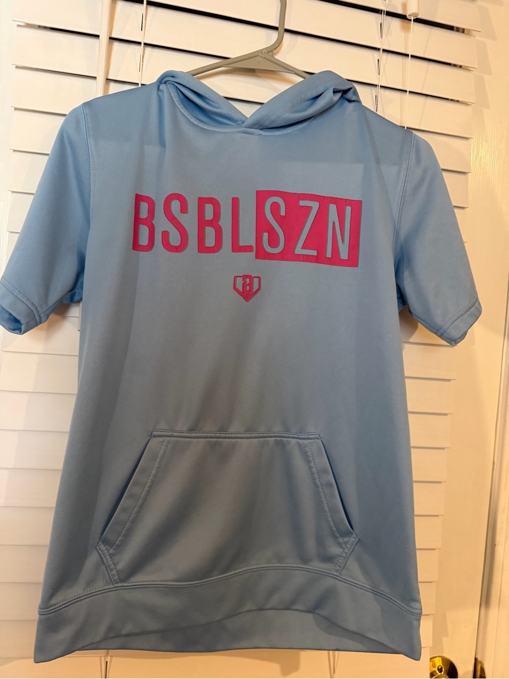 Baseball 101 Short-Sleeve Hooded Kids Sweatshirt - Light Blue with Pink Logo